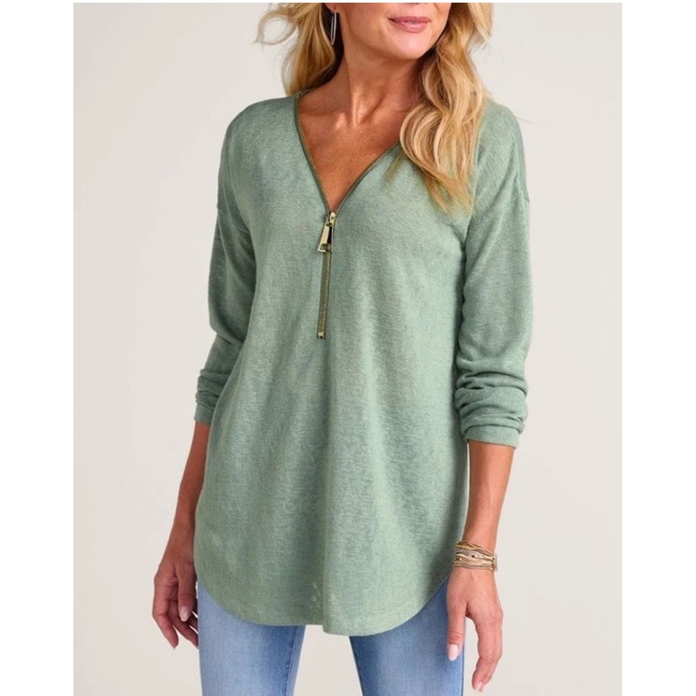 Soft Surrounds Valentina Half Zip Knit Sweater Top Petite Large Gold Zipper Sage